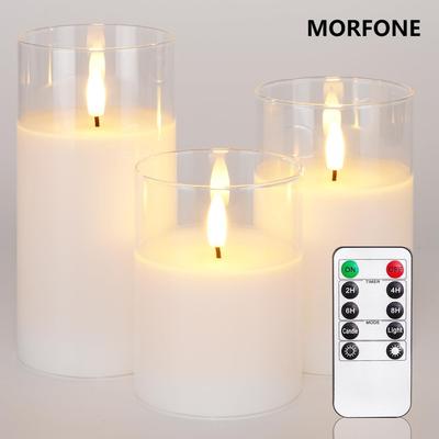 TEMU Morfone 3 Led Flameless Candles, Simulated Flash Column Candles, With Remote Control And Timing Function, Electronic Candles Made Of White/gray Transparent Glass Image