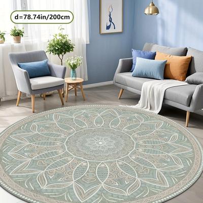 TEMU Vintage French Style Round Velvet Area Mat - Light Green Floral Pattern, 1100g/m², Machine Washable, Non-slip, Multiple Sizes For Living Room, Bedroom, Office Decor, Rugs For Living Room Image