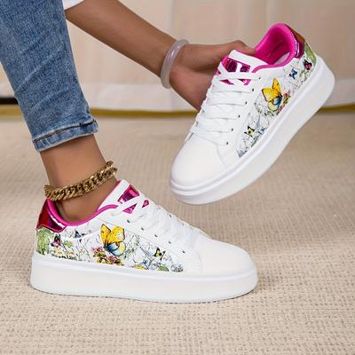 TEMU Women's Floral Skate Shoes - Lightweight, Non-slip White Sneakers With Sole For Casual Wear, Spring Casual Footwear | Vibrant | Sneakers Image