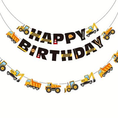 TEMU 25pcs Construction Birthday Banner Set - Excavator, Truck & Happy Birthday Designs On Paper - Ideal For Party Decorations & Photo Backdrops - Versatile Indoor/outdoor Us Image