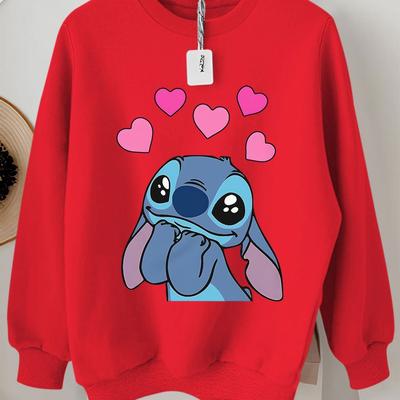 TEMU Women's Cute Stitch & Graphic Pullover Sweatshirt - Soft Long Sleeve Round Neck Casual Winter Top, Machine Washable & Stitch Fan Apparel, Everyday , Durable Knitwear, Wear Image