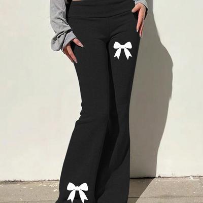 TEMU Women's High-waist White Bow Print Flare Pants - Slim Fit, Stretchy Polyester, Casual Summer Style Image