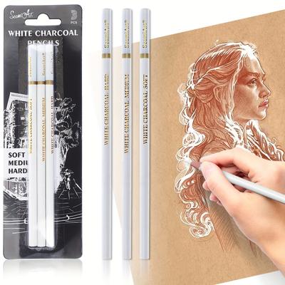 TEMU 3pcs/set Soft/medium/hard 3pcs Highlight Charcoal Carbon Pencil Carbon Drawing White Pencil White Charcoal Pencil Set Image