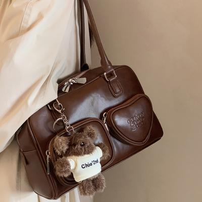 TEMU Trendy Women's Pillow-shaped Handbag - Chic Brown Shoulder Bag With Zip Closure And Polyester Lining, Underarm Design, Fashion Accessory|chic Underarm Bag|functional Fashion Accessory Image