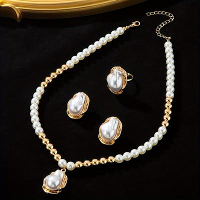 TEMU 4pcs Vintage Elegant Irregular Artificial Earrings Necklace Ring Set Suitable For Women's And Party Gifts Image