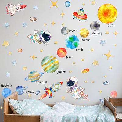 TEMU Space-themed Wall Stickers With , Planets & Stars - Self-adhesive Plastic Decals For Bedroom, Living Room, Or , Reusable, Space Decor|whimsical Design|, Space Room Decor Image