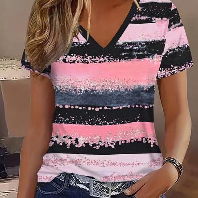 TEMU Women's Elegant Abstract Gradient V-neck T-shirt - Breathable 3d Printed Casual Short Sleeve Top With Glittery Stripes And , , Ladies T Shirt Image