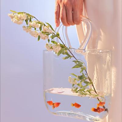 TEMU Elegant Nordic Style Glass Vase With Handle - Transparent, Versatile Decor For Living Room, Ideal For Fresh And Dry Flowers, No Electricity Needed Image