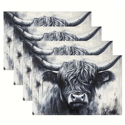 TEMU 4pcs Scottish Highland Cow Placemats, 12x18 Inch Linen Rectangular Table Mats, Woven Hand Washable Dining Decor For Kitchen, Party, Holiday, Dinner - Yqsp2572 Image