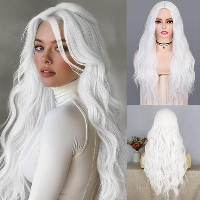 "TEMU 28" Lady Miranda White Wig - Curly Wavy Synthetic Hair, Heat Resistant Fiber, Middle Part Long Cosplay Wig For Women, Natural , No Magnetic Parting, Cosplay Wig|curly Wavy Wig|natural Look Wi" Image