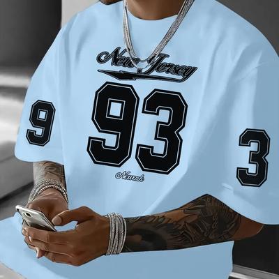 TEMU Kourrter Men's Casual T-shirt | Polyester & Elastane Blend | Round Neck | 'new Jersey 93' Print | Geometric Pattern | Machine Washable | Fit | Stylish Image