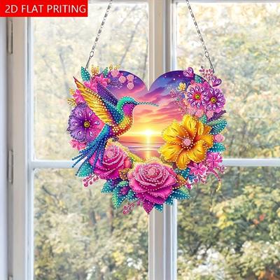 TEMU 2d Printed Artwork, Diy Diamond Painting Hanging Decoration - Sunset Flowers And Birds | Acrylic, Irregular Shaped Diamonds | Handmade Gifts For Home And Window Decor; Image