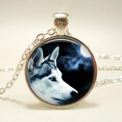 TEMU 2019 Retro Wolf Art Picture Pendant Necklace Synthetic Gemstone Glass Cabochon Statement Necklace Friendship Gift Image