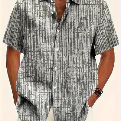 TEMU Men's Summer Casual Short Sleeve Shirt - Breathable Polyester, Ombre Stripe & Print, Lapel Collar, Single Breasted, Loose Fit, Woven Fabric, 110gsm - Fashionable Wear Image