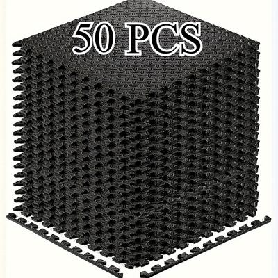 TEMU 50pcs Black Eva Interlocking Fitness Mats - Soft, Non-slip, Waterproof, Ideal For Home Gyms, Training, And Shaping, Gym Accessories Image