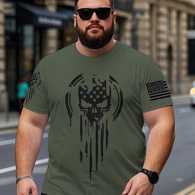 TEMU Men's Plus Size Vintage Skull Graphic T-shirt - Short Sleeve, 3d Print, Polyester Blend, Olive Green With American , Casual & Outdoor Wear For Spring/summer, Plus Size Image