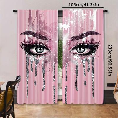 TEMU 2pcs, Shining Rhinestones And Eye Pattern Curtains, Decorative Window Drapes, Rod Pocket Window Treatment, For Bedroom Living Room, Home Decoration, Room Decoration, (without Rod) Image