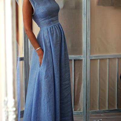 TEMU Women's Elegant Sleeveless A-line Dress With Color- Collar, Waist Pockets & Flared Hem - Machine Washable Long Formal/party Dress In Solid Color (ns702), Event Ready, Easycare Material Image