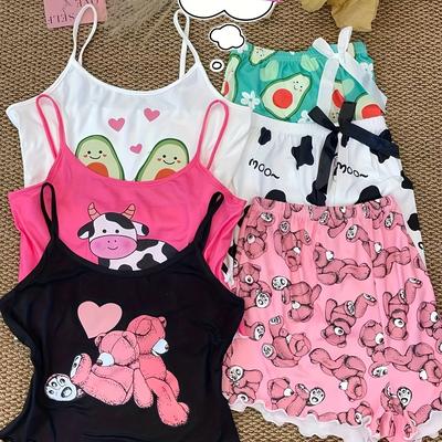 TEMU Teenage Girl Random 1 Set Of Suspender Shorts Cute Cartoon Casual Fashion Style Pajamas And Home Clothes Random 1 Set Image