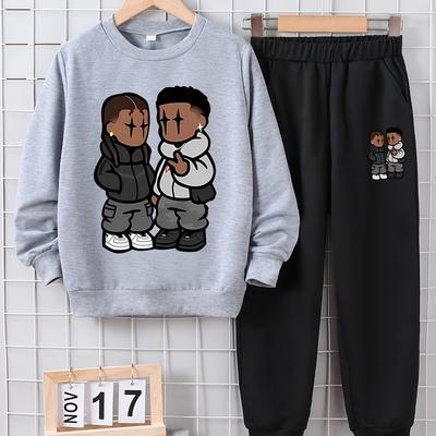 TEMU Boys' Spring/fall Long Sleeve Sweatshirt And Pants Set, Casual Cartoon Print, Polyester Knit Fabric With Spandex, Loose Fit, Design, For Outdoor Image