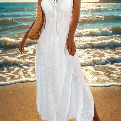 TEMU Women's Bohemian Halterneck Side Slit Cover-up Wedding Dress - Lightweight 100% Polyester Semi-sheer Beach Bridal Gown With Machine Washable Design For Poolside Ceremonies & Summer Events Image