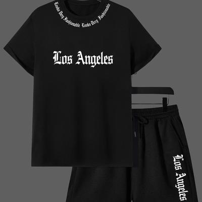 TEMU Teenage Boys Los Casual Summer Short Sleeve Set T-shirt And Shorts Two-piece Suit 5-6, 6-7, 8, 12-14, 14-16 (no Accessories Included), Outdoor Image