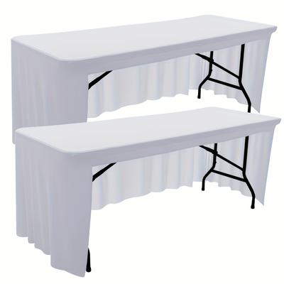 TEMU Elegant White Elastic Rectangular Table Skirt With Open – Weddings, Parties, Balls, And Exhibitions, Polyester Machine- Fabric, Celebration Table Decor | Open Back Skirt | Durable Table Skir Image