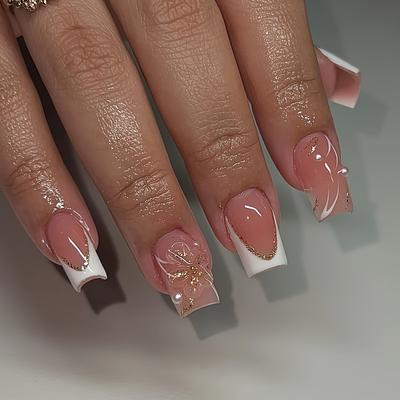TEMU 24pcs Square Fake Nails Edge 3d Pure Desire Flower Fashion Stripes Suitable For All Women And S With Nail File And Jelly Glue In Box Easy To Apply Image