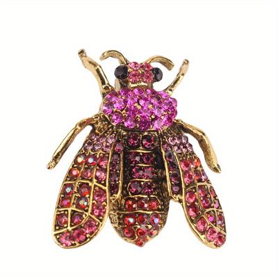 TEMU Luxury Sparkling Pink Gemstone Bee Brooch Pin - Golden-tone Metal Corsage Accessory With Red & Clear Gemstones, Elegant Fashion Jewelry For Dresses, Coats, Hats, Fancy Jewelry Image
