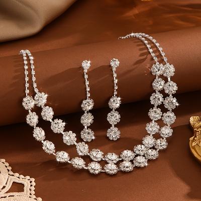 TEMU 3pcs Women's Jewelry Set With Water Drill Double Layer Copper Full Inlaid Rhinestone Necklace Set Bride Accessories Set Wedding Party Banquet Jewelr Image