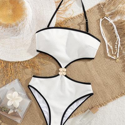 TEMU Elegant One-shoulder White Bikini For Women | High-stretch, Non-transparent Fabric | Chic Black Accents | Beach & Resort Wear | Stylish & Versatile Swimwea Image
