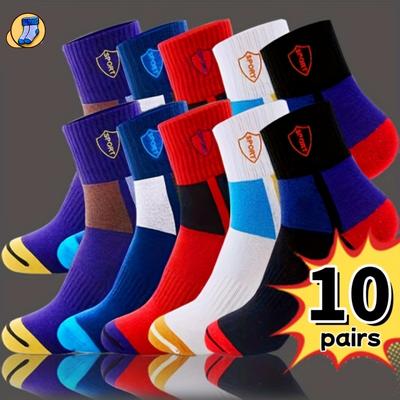 "TEMU 5/10 Pairs Men's Color Block Mid-calf Sports Socks - Breathable, Comfortable, Wear With "sport" Letter Design, Assorted Colors (purple, Blue, Red, White, Black) For Men And Women" Image