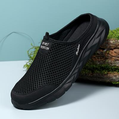 TEMU Men's Breathable Slip-on Casual Shoes - Lightweight Eva Sole, Black Mesh Design For Summer Outdoor Beach Running, Comfortable Walking Shoes For Men, Image