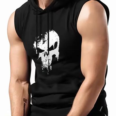 TEMU Men' Hooded Tank Top With Skull Graphic Print - Sleeveless Casual & Fitness Shirt For Summer, Polyester Blend, Stretchy & Breathable Fabric Image