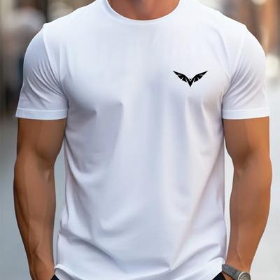 TEMU Men's Casual White T-shirt With Unique Bat - Breathable Polyester, Crew Neck, Short Sleeve - Spring/summer Streetwear & Vacation Image