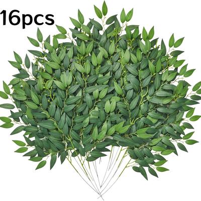 "TEMU 16pcs Artificial Italian Ruscus Greenery Stems, 21.65" Plastic Leaf Garland Vines For Wedding Arch Bouquet, Bridal Wedding Arch Table, Diy Home Centerpieces - Get Well Occasion Decor." Image
