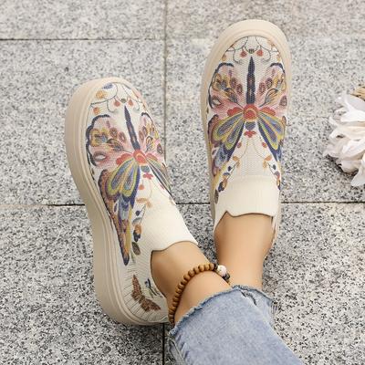 TEMU Women's Breathable Knit Slip-on Sneakers With 3d Print, Elastic Sock-style Wedge Heels, Fashionable Low-top Running Shoes With Tpr Sole And Fabric Lining Image