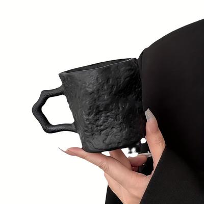 TEMU 1pc Unique Black Rock Texture Glass Cup With Handle - Insulating, Hand Wash Only, Versatile For Water, Tea, Coffee, Or Decorative Use, For Home Or Office, Coffee Travel Mug Image