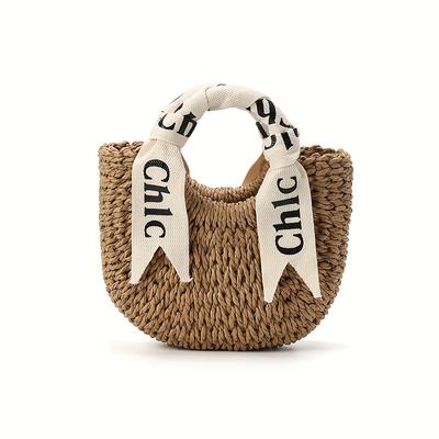 TEMU Stylish Straw Weaving Handbag Simple And Elegant Women's Shoulder Bag Summer Beach Bag, Semi-circular With Drawstring Closure, Casual Beach Tote Image