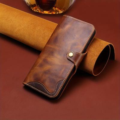TEMU High- Wax Cowhide Button Wallet Phone Case With Hand Strap, Suitable For Galaxy S24 Ultra/s25/s25 Plus/s25 Ultra. Image