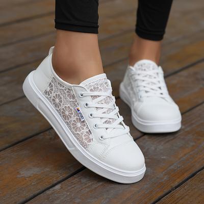 TEMU Women's Lace-up Sneakers With Breathable Mesh Panels - Lightweight Low-top Casual Shoes, White Pu Cover & Fabric Upper, Eva Cushioned Sole For , Travel, School, Casual Attire Image