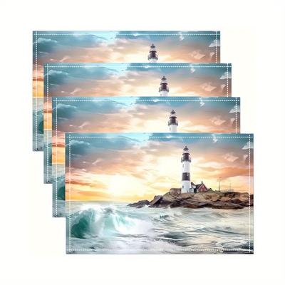 TEMU ()4pcs Ocean Lighthouse Pattern Placemats - Heat Resistant And, Suitable For Holiday And Everyday Elegant Dining, Farmhouse Kitchen, Parties And Picnics - Digital Image