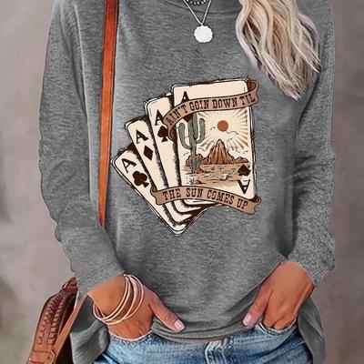 TEMU Poker Card Print T-shirt, Long Sleeve Crew Neck Casual Top For Spring & Fall, Women's Clothing Image