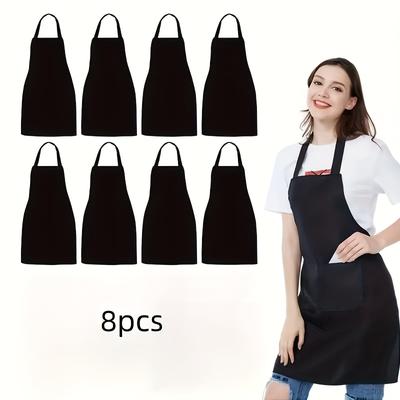 TEMU 8-pack Polyester Kitchen Aprons, Solid Color, Woven Fabric, For Cooking, Painting, Barbecue, Roasting, Baking, Home & Catering Use, Unisex, Black & White Image