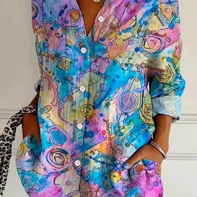 TEMU Retro Geometric Print Simple Shirt For Day, Casual Long-sleeve Button-up Shirt For Women's Spring And Summer. Image