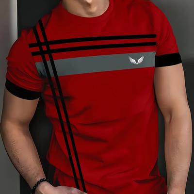 TEMU Men's Casual Athletic Red T-shirt - Short Sleeve, Round Neck, Polyester Blend, Stripe Print, Machine Washable - Ideal For Summer Leisure And Sports, Plus Size Image