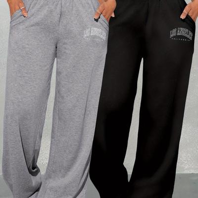 TEMU K6 Two-piece Women's Loose Wide-leg Pants With Losangeles Letter Print, Pocket Sweatpants, Versatile High-waisted Casual Trousers Image