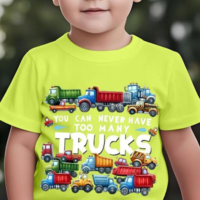 "TEMU ' Cartoon Truck Graphic T-shirt - "you Can Never Many Trucks" Design, Black Short Sleeve Tee For , Soft Polyester Fabric, Summer Playtime, Summer Playtime Apparel | Vibrant Top | Applique Details" Image
