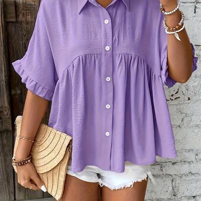 TEMU Women's Plus Size Light Purple Casual Blouse - Half Sleeve, Button-up Shirt With Collar & Cuffs, Machine Washable, Summer Elegant Top For Women Image