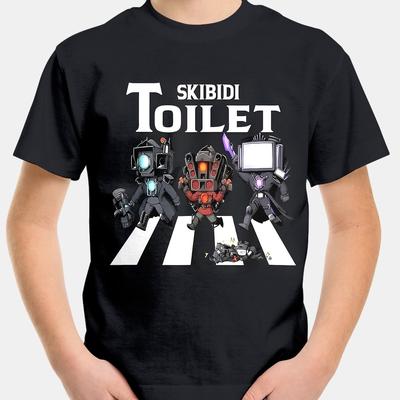 TEMU Youth Casual Crew Neck T-shirt - Funny Skibidi Toilet Game Graphic, Breathable & Moisture-wicking Polyester, Short Sleeve Summer Tee For , Perfect Gift Image